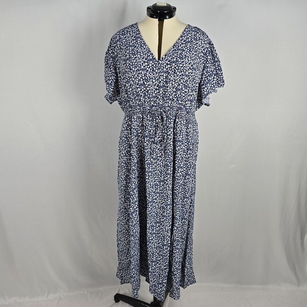 Bloomchic Dress Short Ruffle Sleeve V-Neck Long Blue White Ditsy Floral Size 3X
